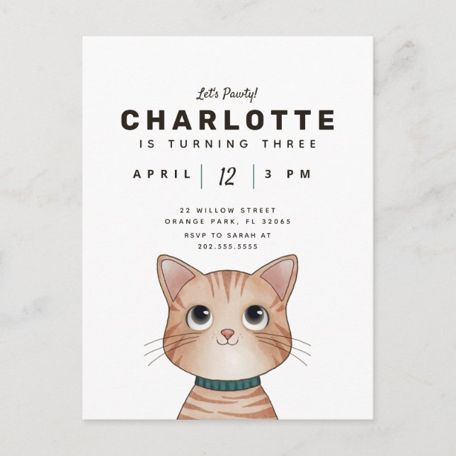 Invitación de cumpleaños con gatito adorable (Anverso)