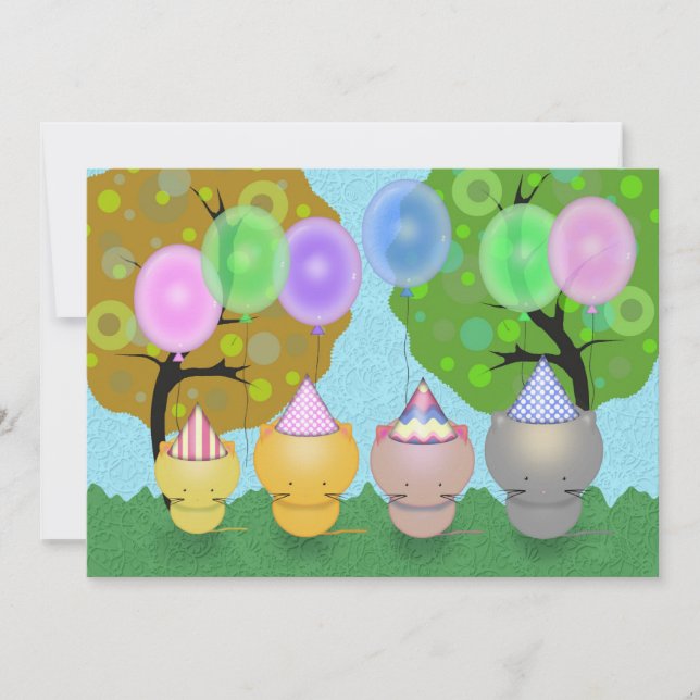 Invitación de cumpleaños con gatitos y globos (Anverso)