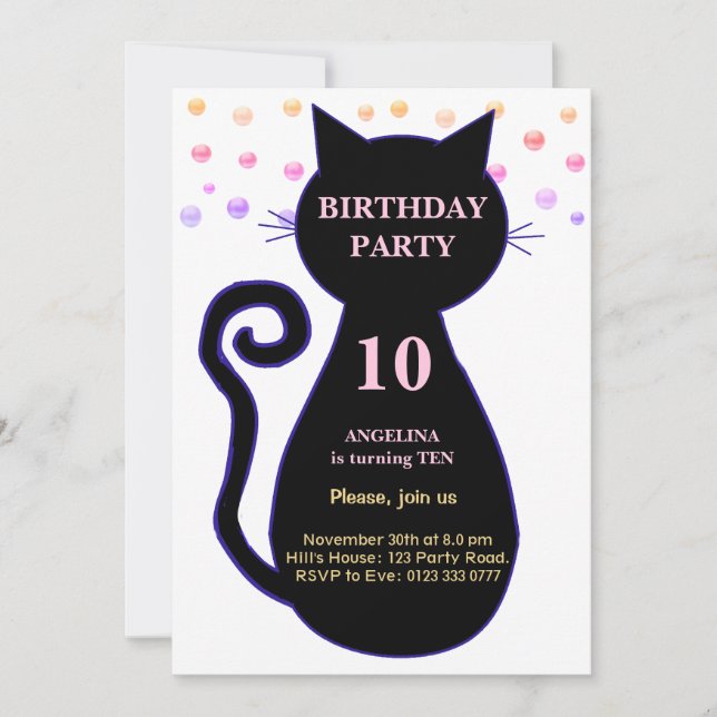 Invitación de cumpleaños con gato y confeti multic (Anverso)
