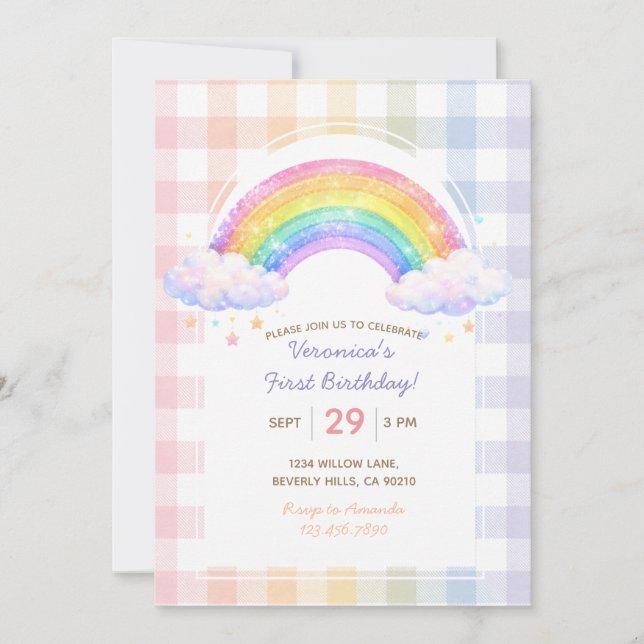 Invitación de cumpleaños con gingham de arcoíris b (Anverso)