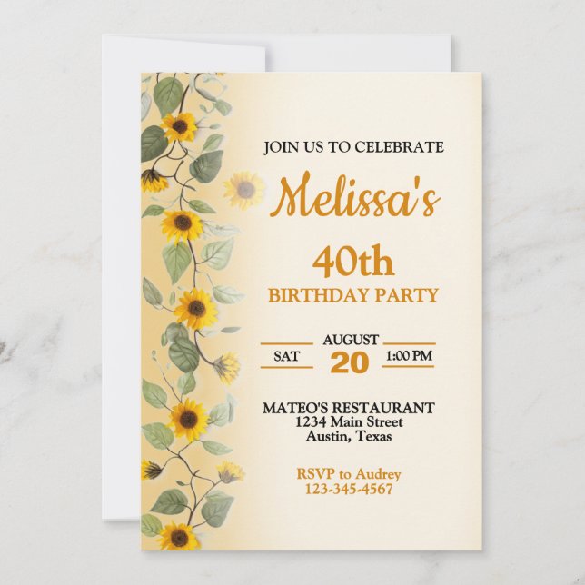 Invitación de cumpleaños con girasoles hermosos (Anverso)