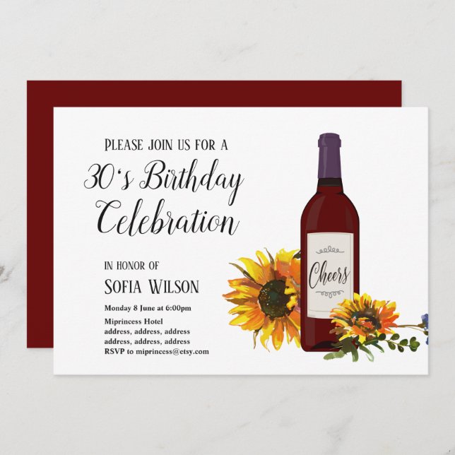 invitación de cumpleaños con girasoles y botella d (Anverso / Reverso)