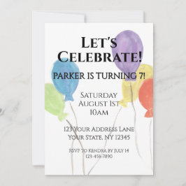 Invitación de cumpleaños con globo de acuarela