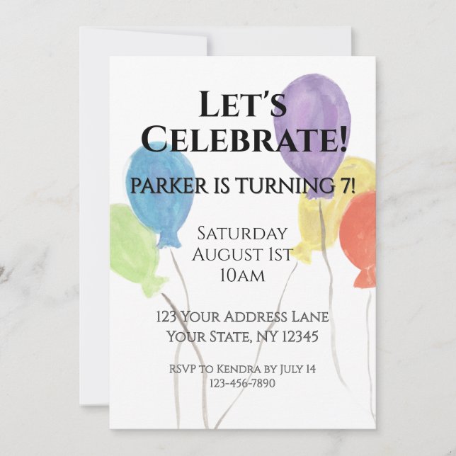 Invitación de cumpleaños con globo de acuarela (Anverso)