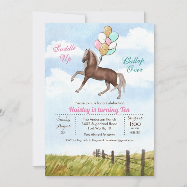 Invitación de cumpleaños con globo de caballo para (Anverso)