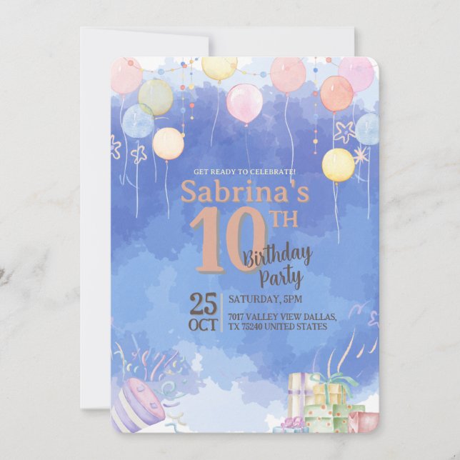 Invitación de cumpleaños con globo de cielo azul a (Anverso)