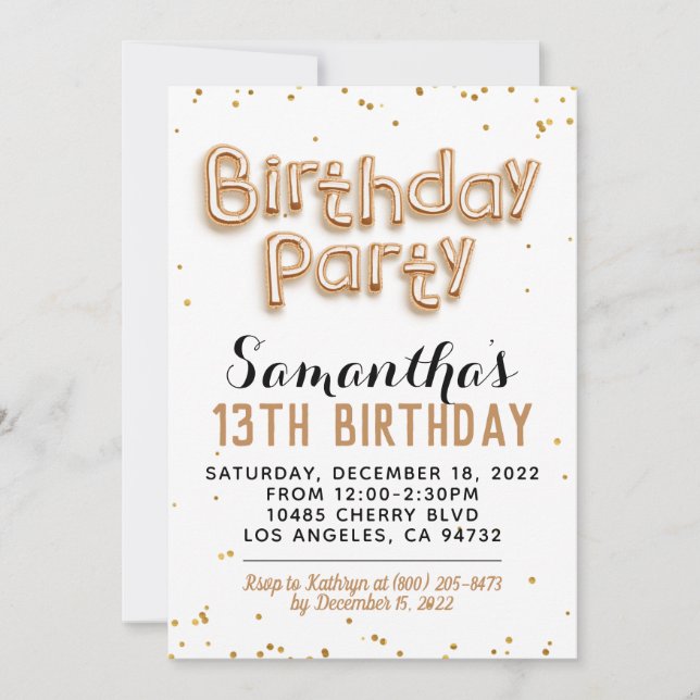 Invitación de cumpleaños con globo de lámina de or (Anverso)