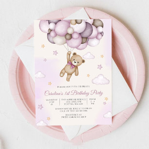 Invitación de cumpleaños con globo de osito de pel