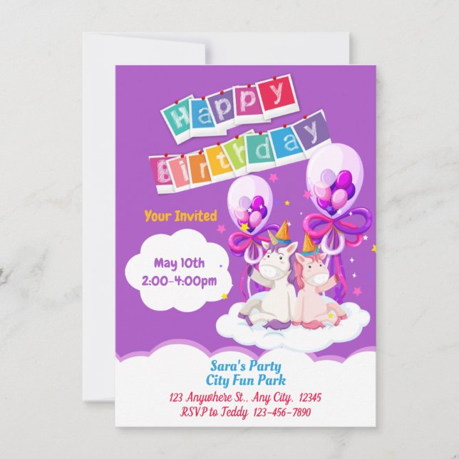 Invitación de cumpleaños con globo de unicornio di (Anverso)