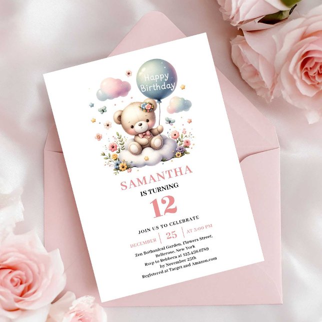 Invitación de cumpleaños con globo floral de osito (Charming teddy bear floral balloon birthday invitation

)