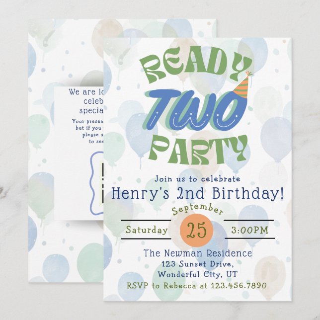 Invitación de cumpleaños con globo listo para la f (Anverso / Reverso)