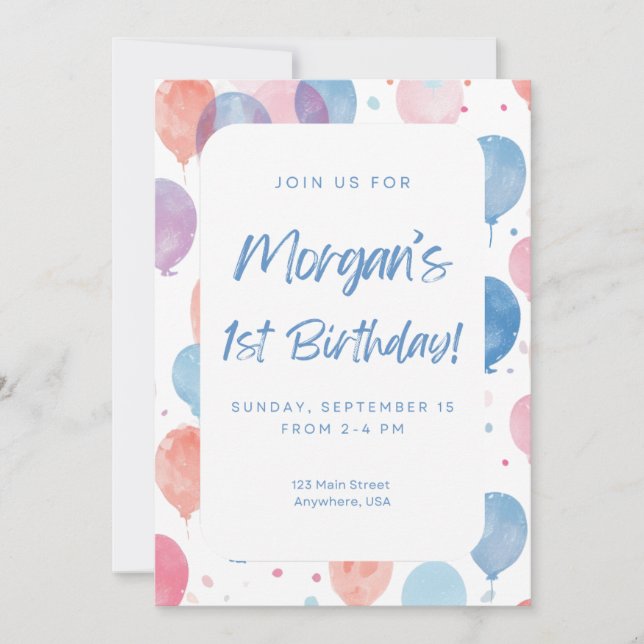 Invitación de cumpleaños con globo pastel (Anverso)