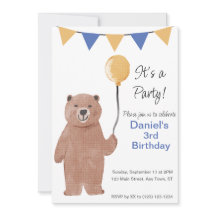 Invitación de cumpleaños con globo Teddy Bear