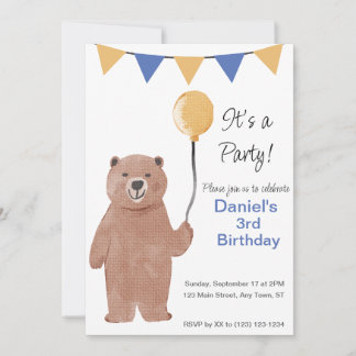 Invitación de cumpleaños con globo Teddy Bear