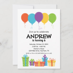 Invitación de cumpleaños con globo y regalos