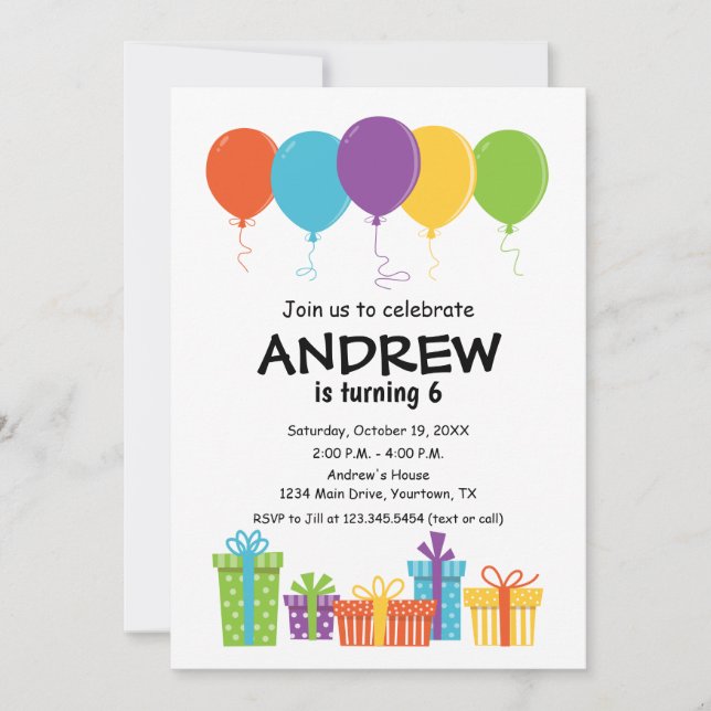 Invitación de cumpleaños con globo y regalos (Anverso)