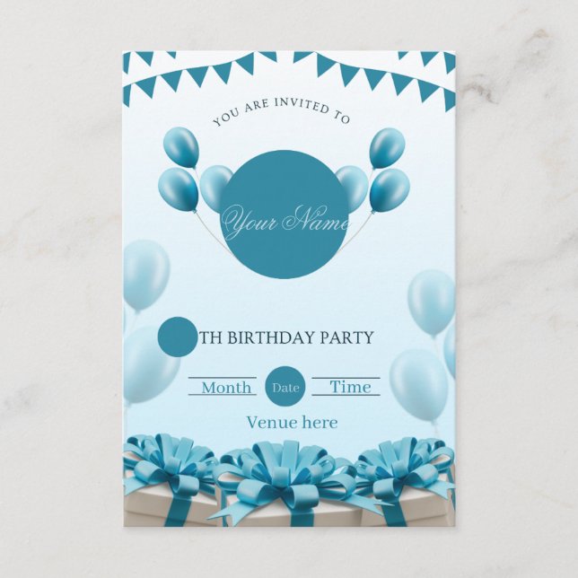 Invitación de cumpleaños con globos azules festivo (Anverso)