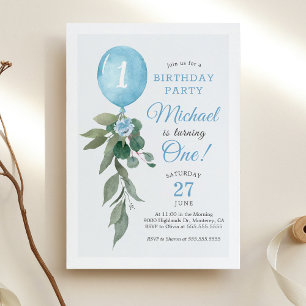 Invitación de cumpleaños con globos azules y veget