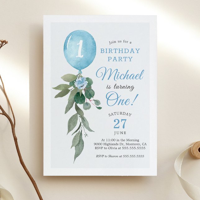 Invitación de cumpleaños con globos azules y veget (Subido por el creador)