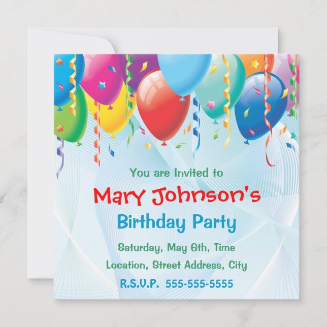 Invitación de cumpleaños con globos coloridos (Anverso)