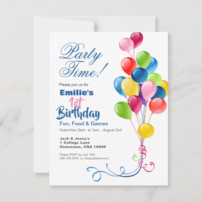 Invitación de cumpleaños con globos coloridos (Anverso)