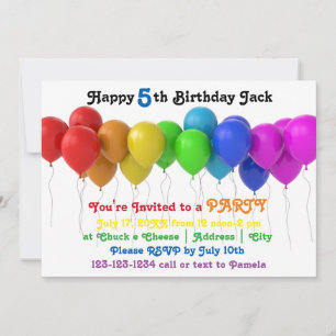 Invitación de cumpleaños con globos de arcoíris