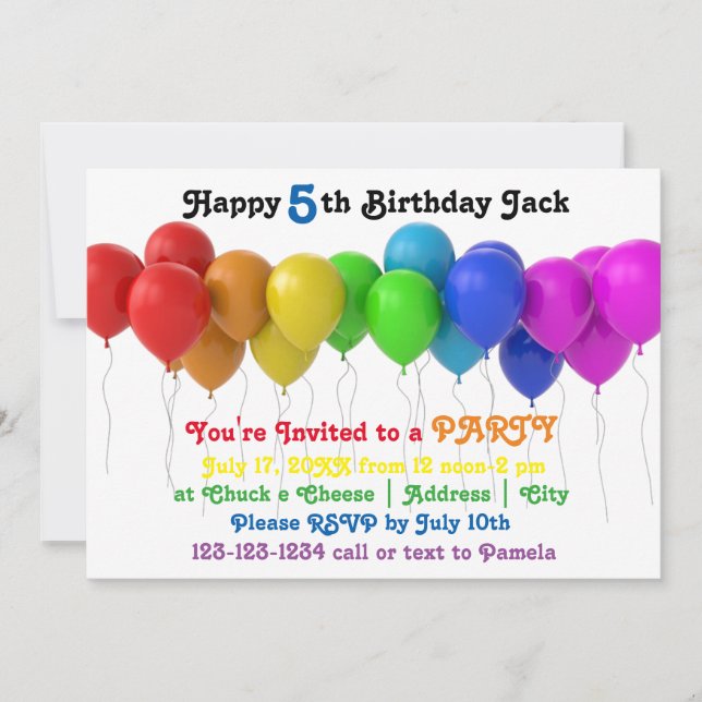 Invitación de cumpleaños con globos de arcoíris (Anverso)