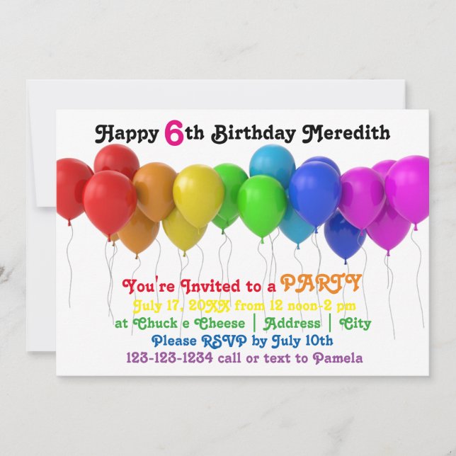 Invitación de cumpleaños con globos de arcoíris (Anverso)