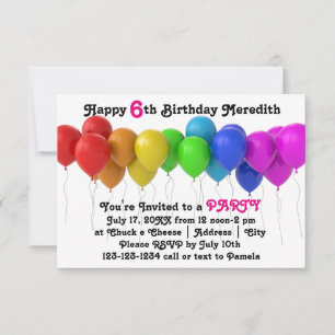Invitación de cumpleaños con globos de arcoíris 3x