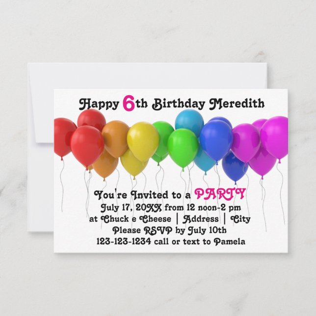 Invitación de cumpleaños con globos de arcoíris 3x (Anverso)