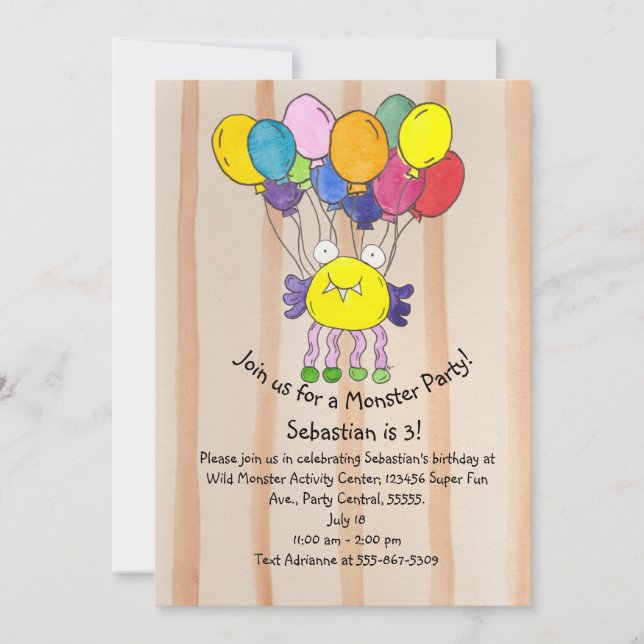 Invitación de cumpleaños con globos de monstruo am (Anverso)