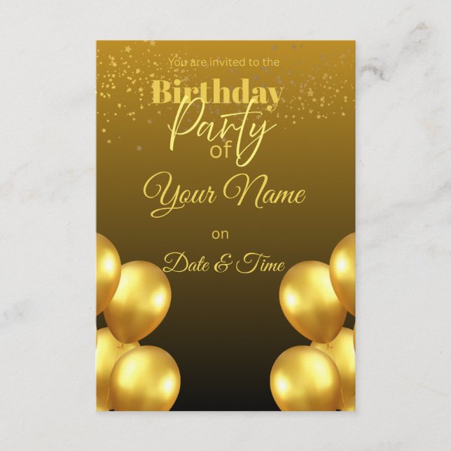 Invitación de cumpleaños con globos de oro de lujo (Anverso)