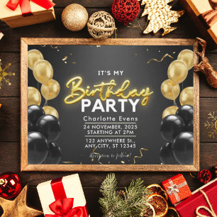 Invitación de cumpleaños con globos de oro negro e