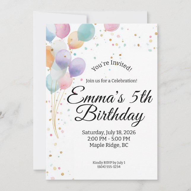 Invitación de cumpleaños con globos de pastel (Anverso)
