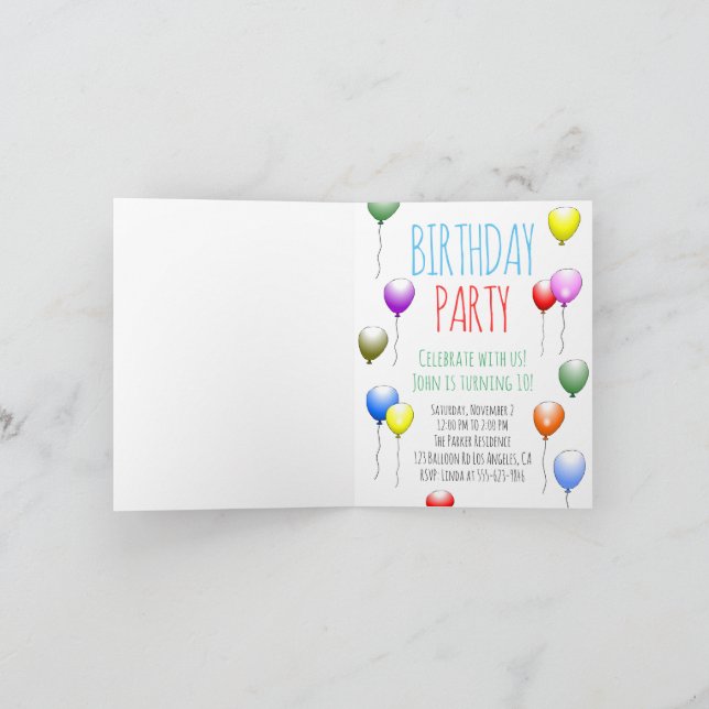 Invitación de cumpleaños con globos doblados (Interior)
