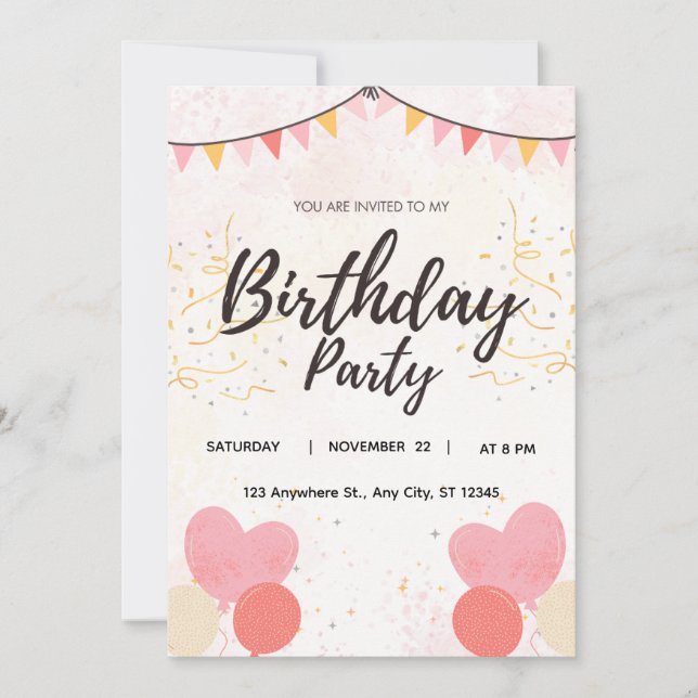 Invitación de cumpleaños con globos en forma de co (Anverso)