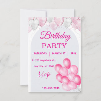 Invitación de cumpleaños con globos rosados acuare