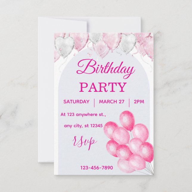 Invitación de cumpleaños con globos rosados acuare (Anverso)