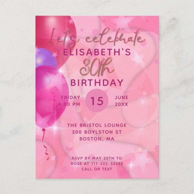 Invitación de Cumpleaños con Globos Rosados Modern (Anverso)