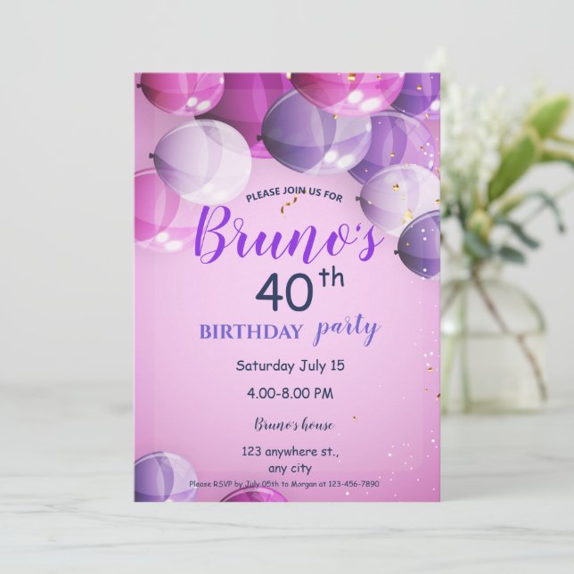Invitación de cumpleaños con globos y confeti  (Anverso de pie)