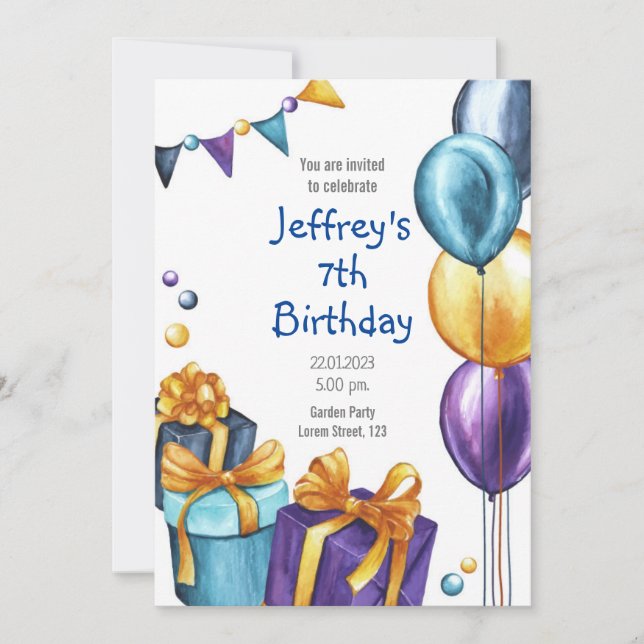 Invitación de cumpleaños con globos y invitación p (Anverso)