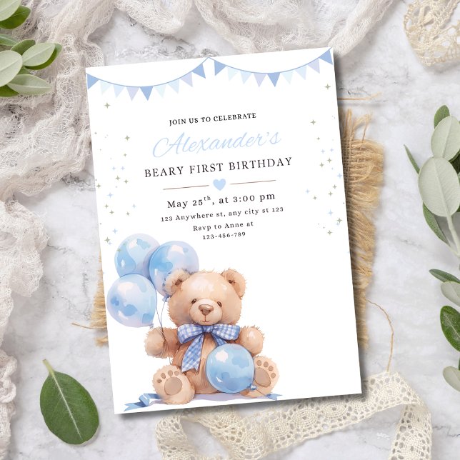 Invitación de cumpleaños con globos y osito de pel (Subido por el creador)