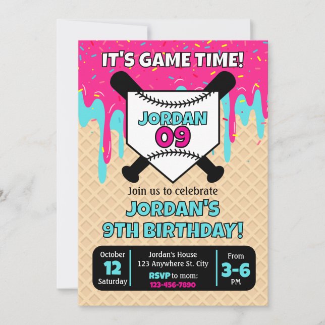 Invitación de cumpleaños con goteo de helado de bé (Anverso)