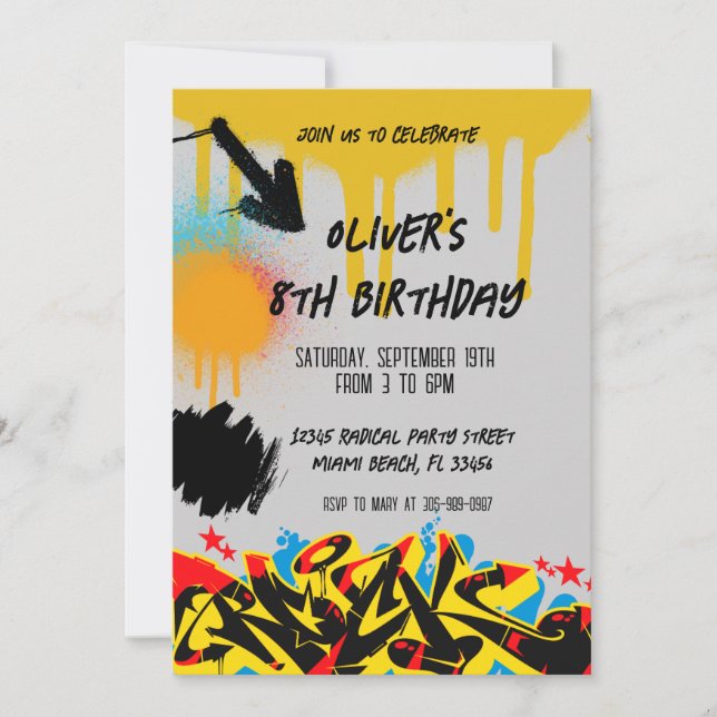 Invitación de cumpleaños con graffiti de pintura e (Anverso)