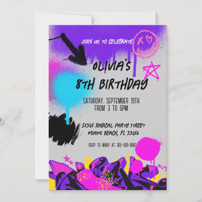 Invitación de cumpleaños con grafiti de pintura en (Anverso)