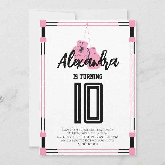 Invitación de cumpleaños con guantes de boxeo rosa (Anverso)