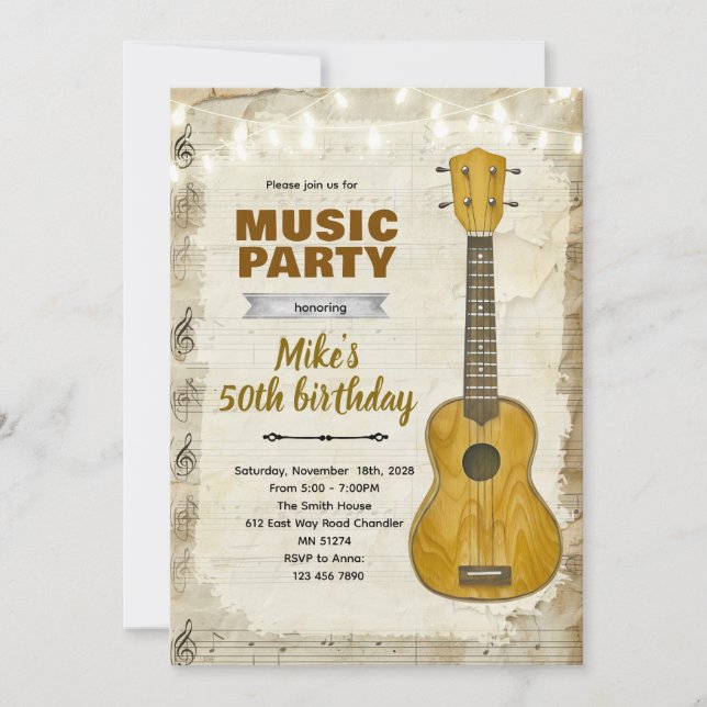 Invitación de cumpleaños con guitarra acústica (Anverso)