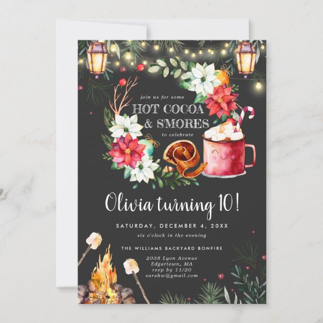 Invitación de cumpleaños con hoguera de invierno (Anverso)