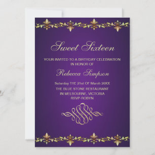 Invitación de cumpleaños con hoja de oro y púrpura