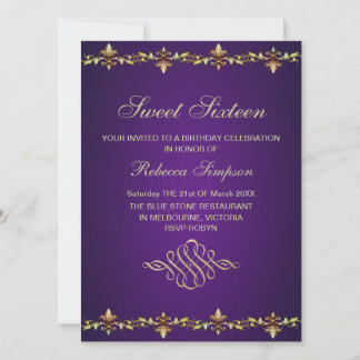 Invitación de cumpleaños con hoja de oro y púrpura